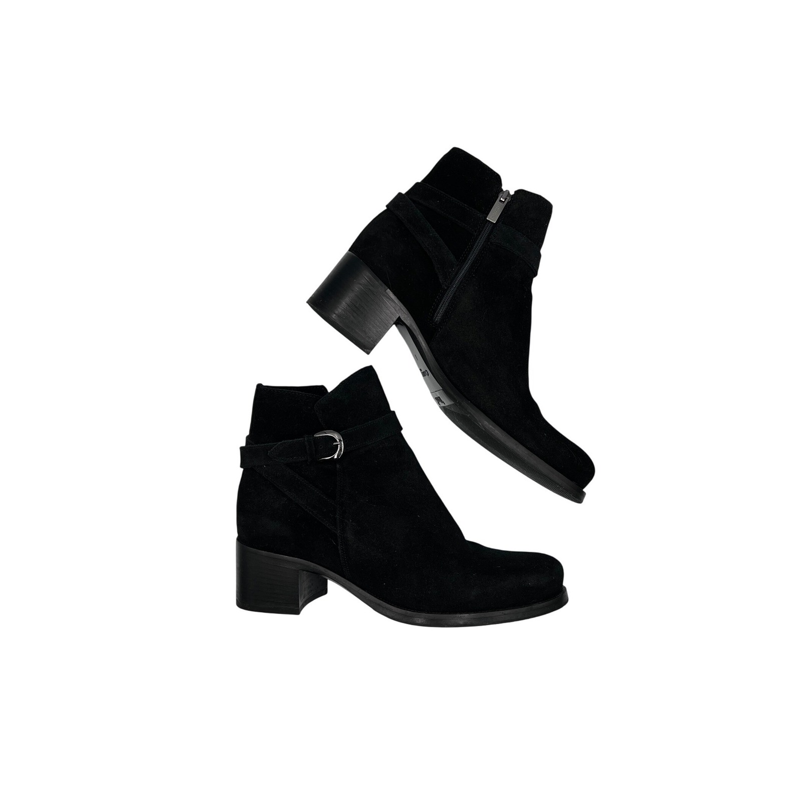 La Canadienne Ankle Boots Womens 8 Black Excellent Suede Block Heel Buckle Zip